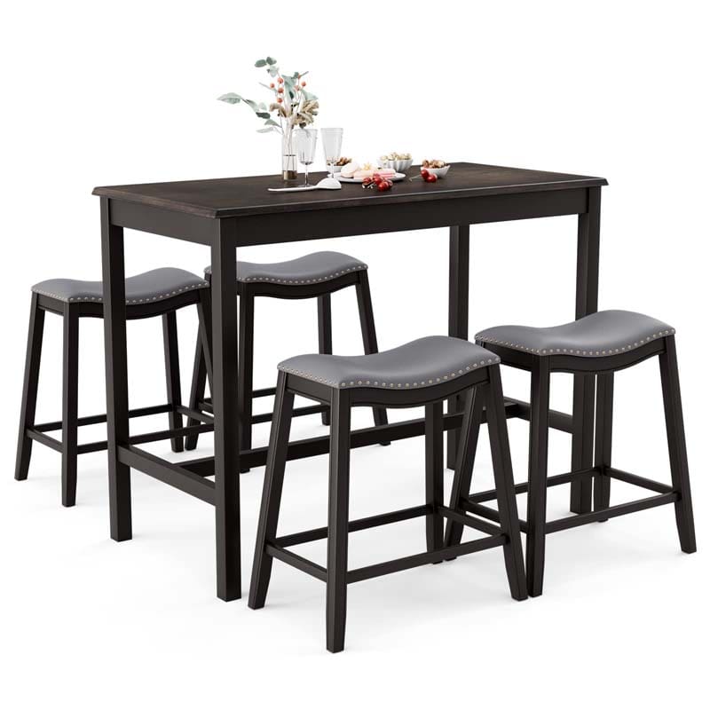 5-Piece Dining Table Set for 4, Counter Height Kitchen Table with 4 Upholstered Saddle Stools for Bistro Dining Rooms, Small Spaces