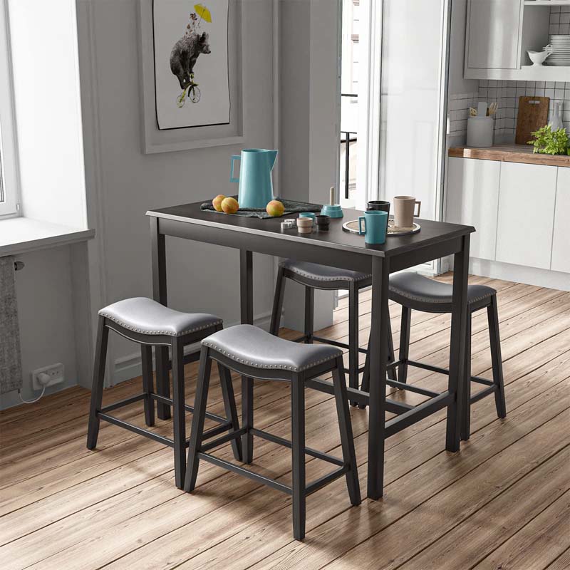 5-Piece Dining Table Set for 4, Counter Height Kitchen Table with 4 Upholstered Saddle Stools for Bistro Dining Rooms, Small Spaces