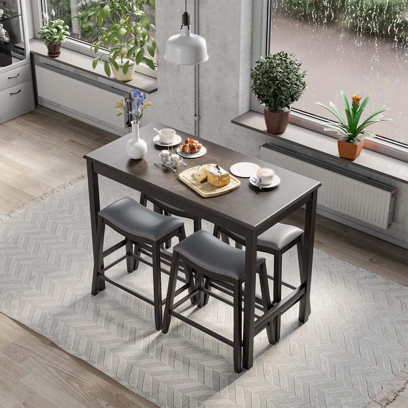 5-Piece Dining Table Set for 4, Counter Height Kitchen Table with 4 Upholstered Saddle Stools for Bistro Dining Rooms, Small Spaces