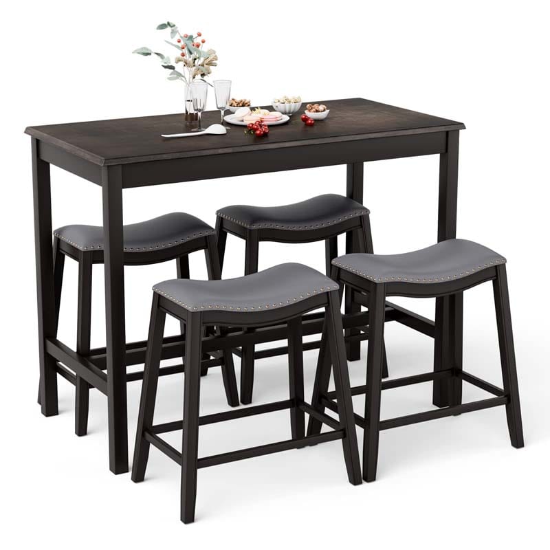 5-Piece Dining Table Set for 4, Counter Height Kitchen Table with 4 Upholstered Saddle Stools for Bistro Dining Rooms, Small Spaces