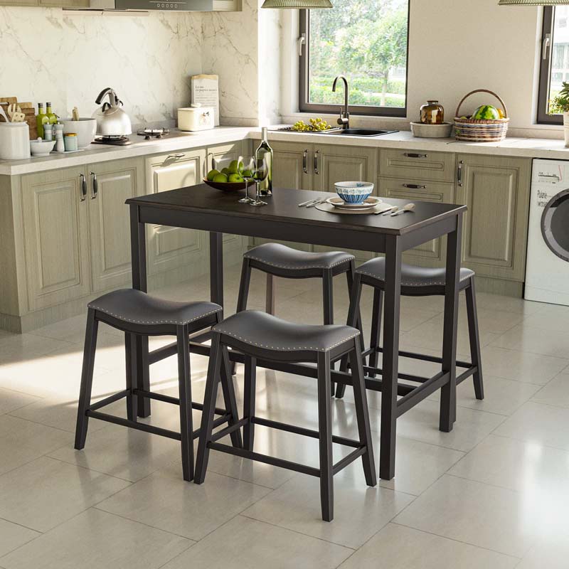 5-Piece Dining Table Set for 4, Counter Height Kitchen Table with 4 Upholstered Saddle Stools for Bistro Dining Rooms, Small Spaces