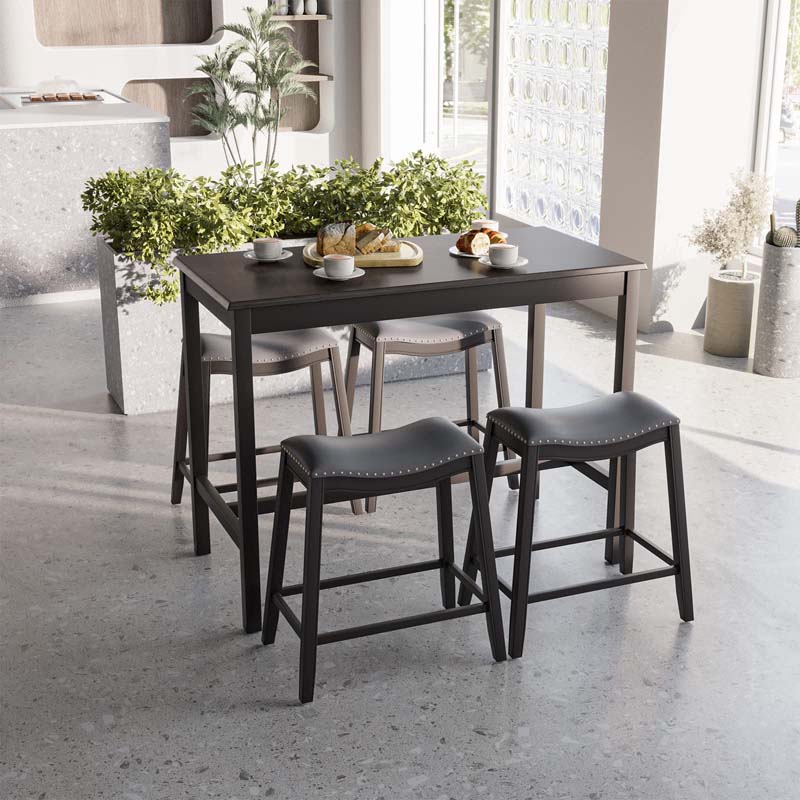 5-Piece Dining Table Set for 4, Counter Height Kitchen Table with 4 Upholstered Saddle Stools for Bistro Dining Rooms, Small Spaces