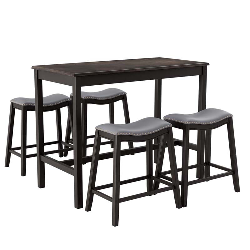5-Piece Dining Table Set for 4, Counter Height Kitchen Table with 4 Upholstered Saddle Stools for Bistro Dining Rooms, Small Spaces
