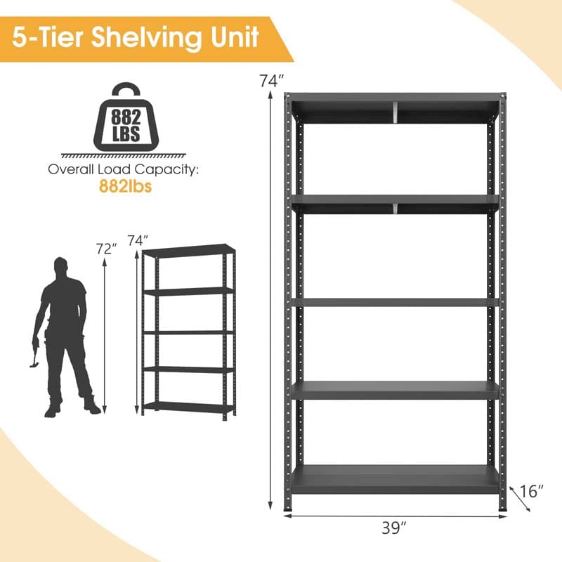 Black 39" x 16" x 74" 5-Tier Heavy Duty Metal Storage Shelving Unit, Multi-Use Storage Racks Utility Shelves
