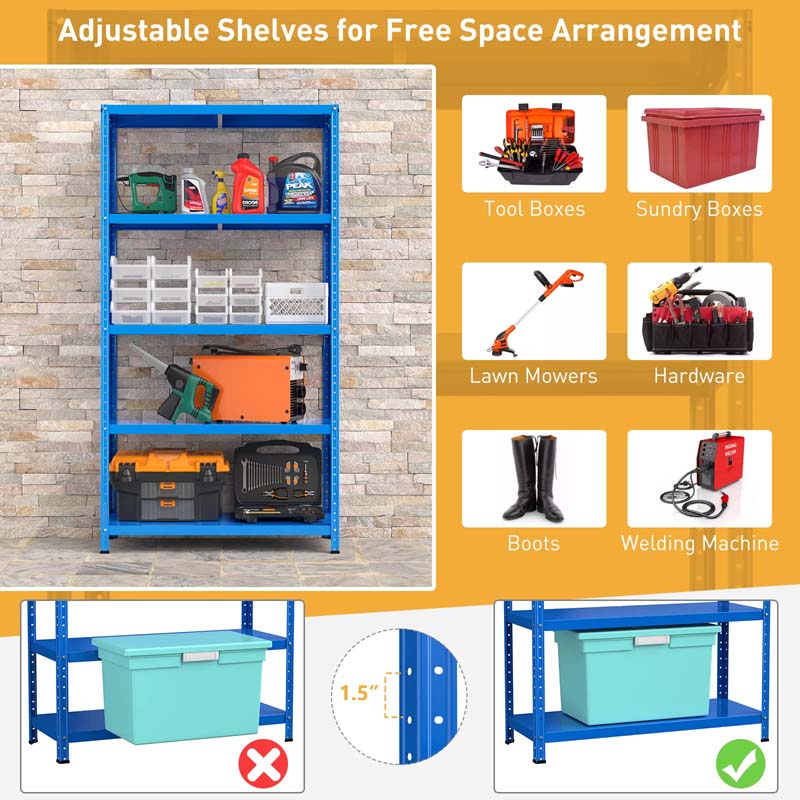 Blue 39" x 16" x 74" 5-Tier Heavy Duty Metal Storage Shelving Unit, Multi-Use Storage Racks Utility Shelves