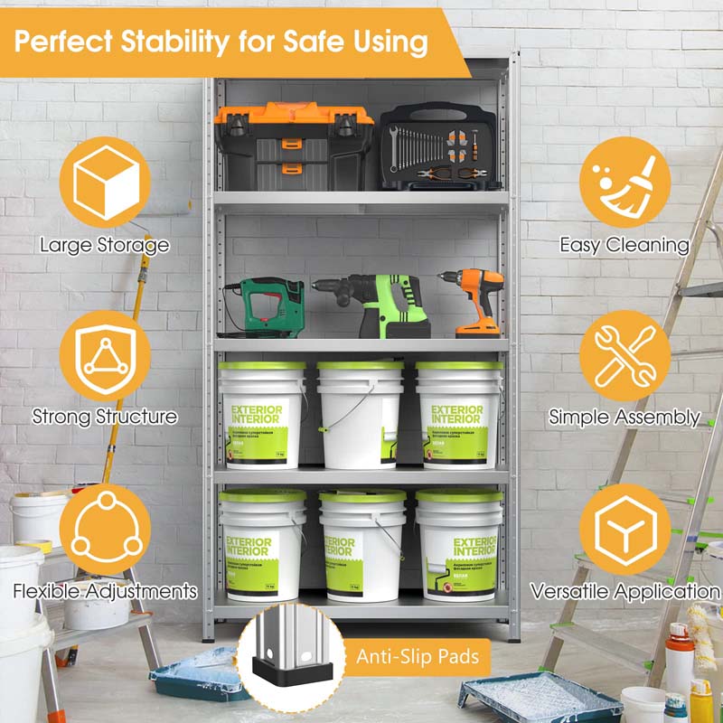 Silver 39" x 16" x 74" 5-Tier Heavy Duty Metal Storage Shelving Unit, Multi-Use Storage Racks Utility Shelves