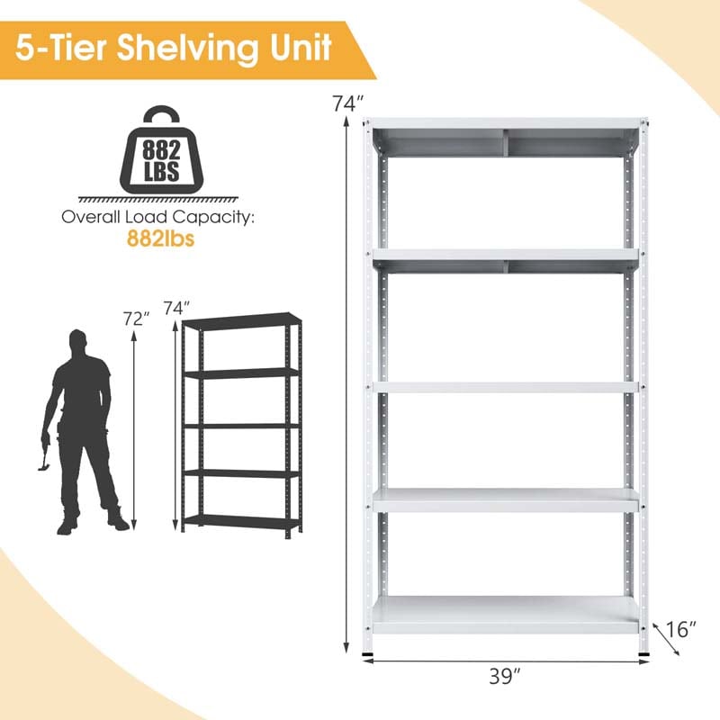 White 74"H 5-Tier Heavy Duty Metal Garage Shelving Unit, Adjustable Storage Shelves Utility Rack for Home Basement Warehouse Workshop