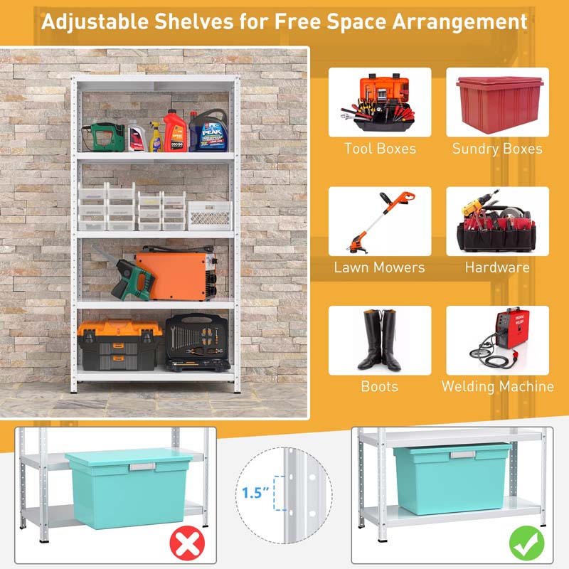 White 74"H 5-Tier Heavy Duty Metal Garage Shelving Unit, Adjustable Storage Shelves Utility Rack for Home Basement Warehouse Workshop