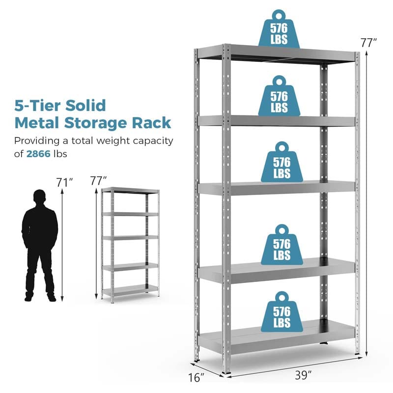 40" x 16" x 77.5" 5-Tier Heavy Duty Metal Storage Shelving Unit, 2860 lbs Load Capacity Adjustable Storage Racks