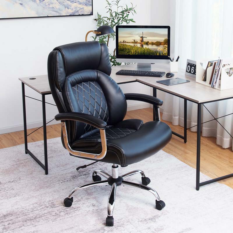 Executive Leather Big And Tall Office Chair With Footrest, Ergonomic With Lumbar Support, Reclining With Adjustable Angle