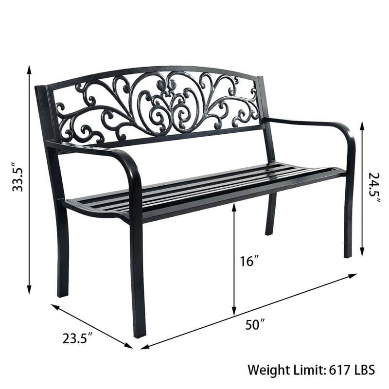 50" Cast Iron Backrest Outdoor Patio Bench Seat, Weatherproof Steel Frame Garden Bench for Park Porch
