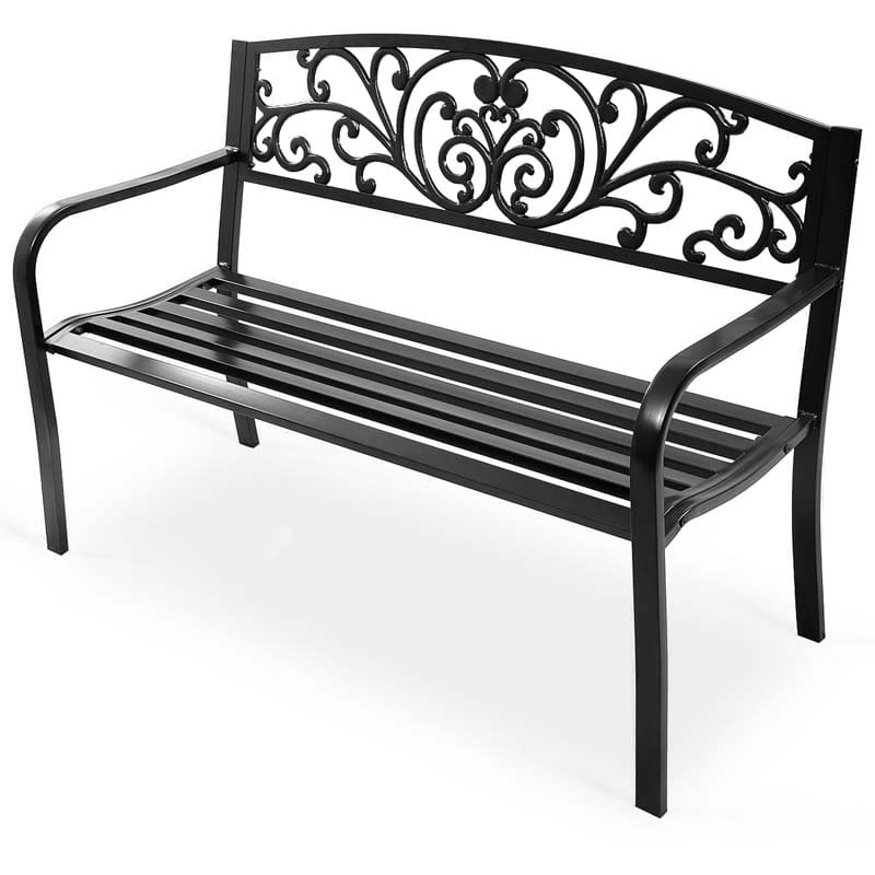 50" Cast Iron Backrest Outdoor Patio Bench Seat, Weatherproof Steel Frame Garden Bench for Park Porch