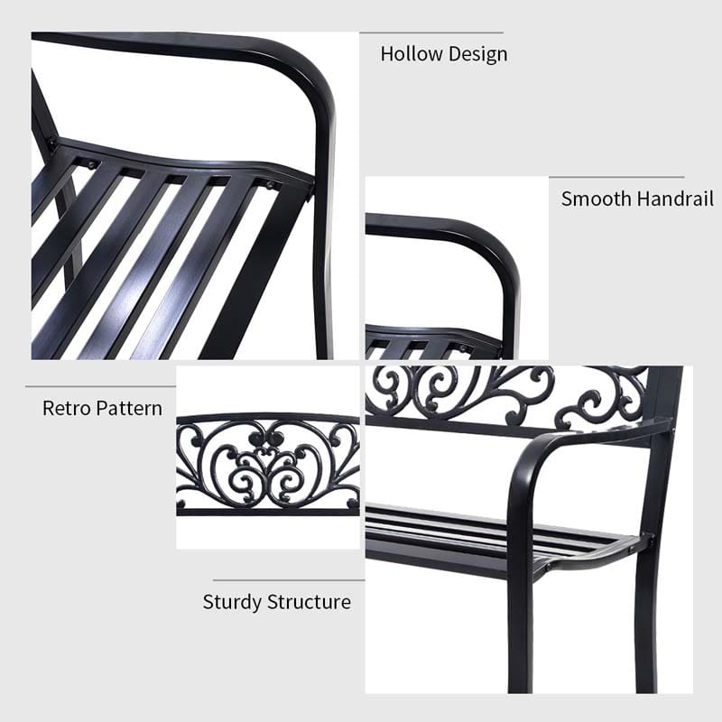 50" Cast Iron Backrest Outdoor Patio Bench Seat, Weatherproof Steel Frame Garden Bench for Park Porch