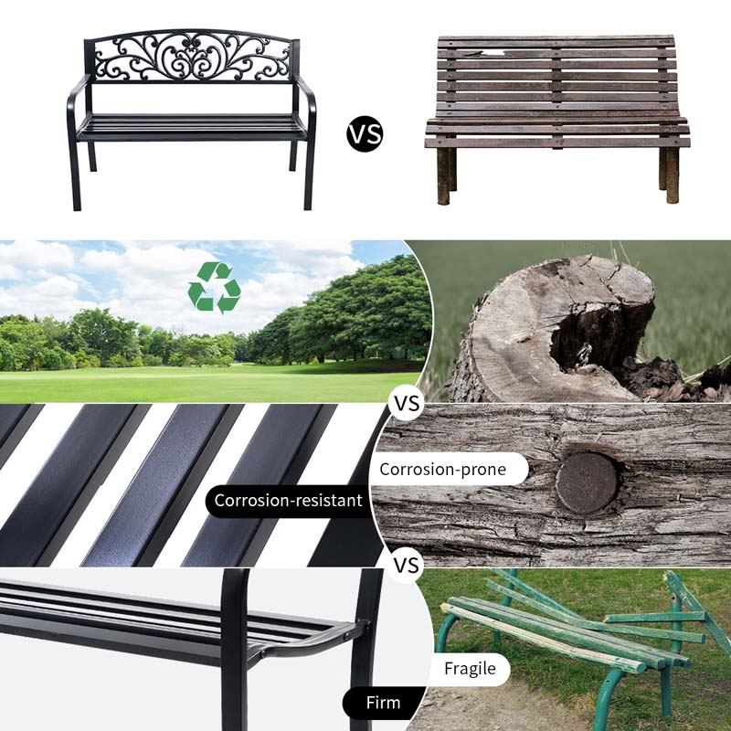 50" Cast Iron Backrest Outdoor Patio Bench Seat, Weatherproof Steel Frame Garden Bench for Park Porch
