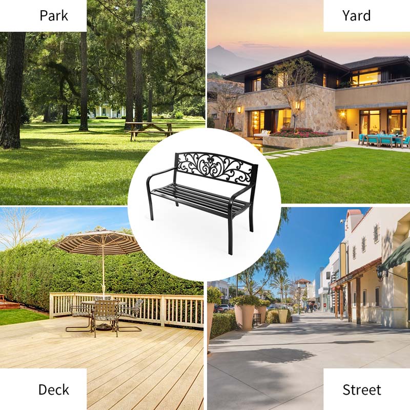 50" Cast Iron Backrest Outdoor Patio Bench Seat, Weatherproof Steel Frame Garden Bench for Park Porch