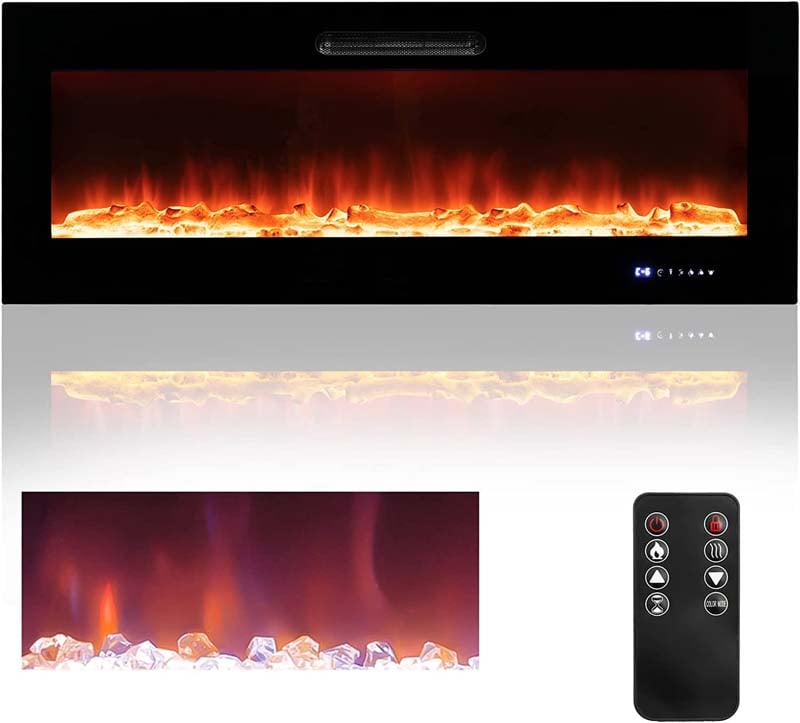 50"/60" Recessed Electric Fireplace Heater, 5000 BTU Wall Mounted Fireplace Insert with Log & Decorative Crystal