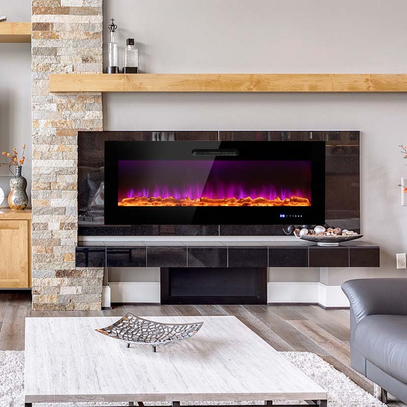 50"/60" Recessed Electric Fireplace Heater, 5000 BTU Wall Mounted Fireplace Insert with Log & Decorative Crystal