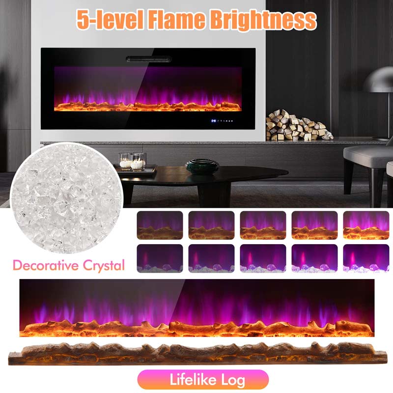 50"/60" Recessed Electric Fireplace Heater, 5000 BTU Wall Mounted Fireplace Insert with Log & Decorative Crystal