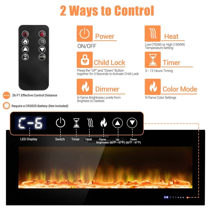 50"/60" Recessed Electric Fireplace Heater, 5000 BTU Wall Mounted Fireplace Insert with Log & Decorative Crystal