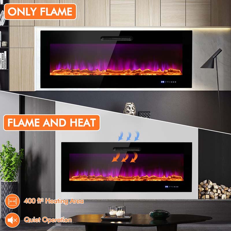 50"/60" Recessed Electric Fireplace Heater, 5000 BTU Wall Mounted Fireplace Insert with Log & Decorative Crystal