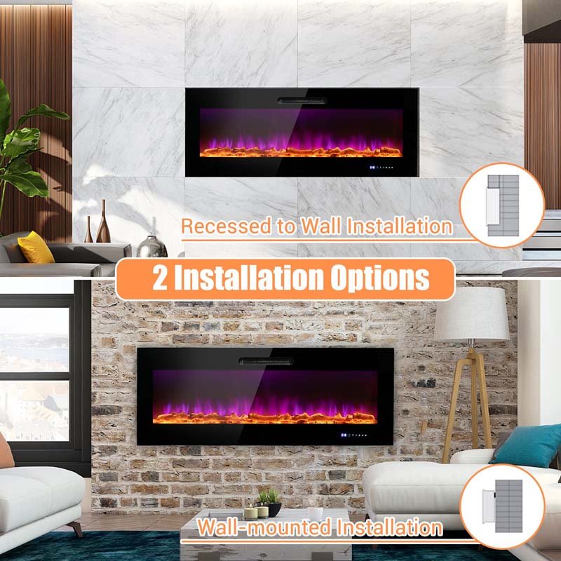 50"/60" Recessed Electric Fireplace Heater, 5000 BTU Wall Mounted Fireplace Insert with Log & Decorative Crystal