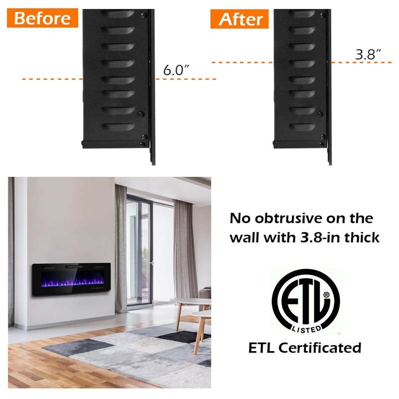 50" Ultra-Thin Electric Fireplace Insert, 1500W Recessed & Wall-mounted Fireplace Heater with 12 Flame Colors