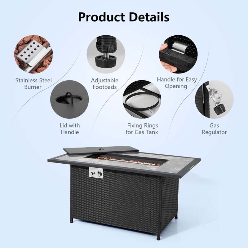 52" 50000 BTU Rattan Outdoor Propane Gas Fire Pit Table with Marble Tabletop, Lava Rocks & PVC Cover