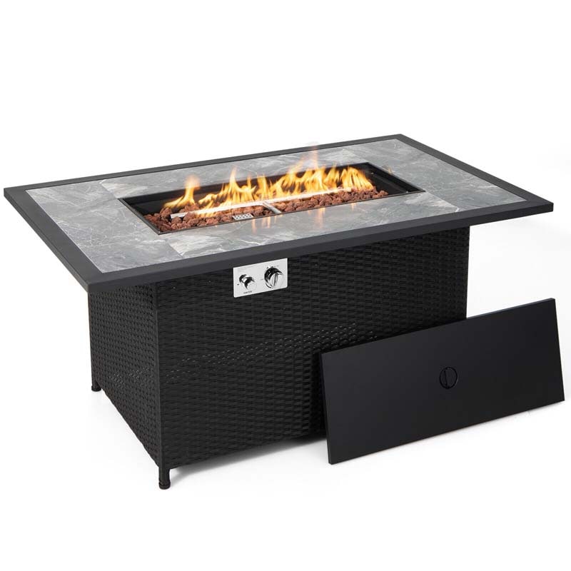52" 50000 BTU Rattan Outdoor Propane Gas Fire Pit Table with Marble Tabletop, Lava Rocks & PVC Cover