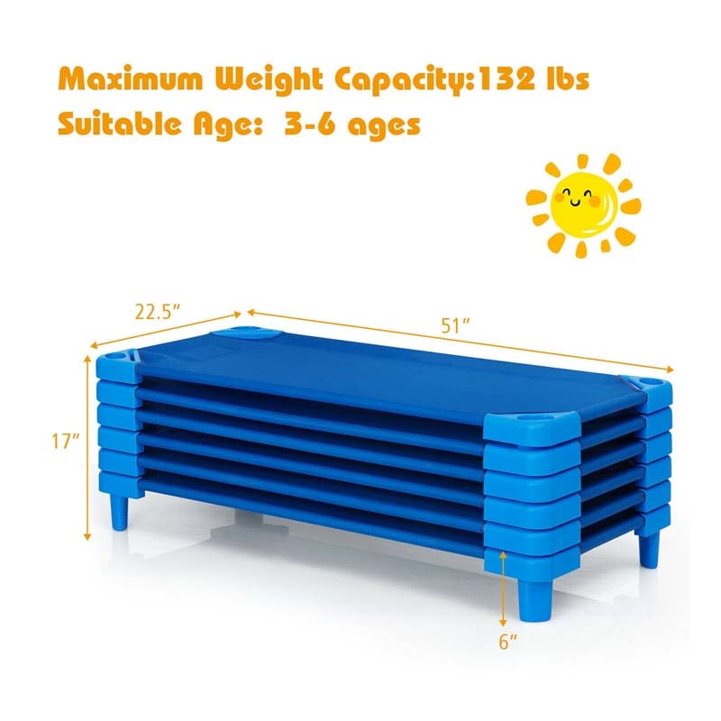 Pack of 6 Stackable Daycare Cots for Kids, 51" x 23" Preschool Nap Mat Toddler Sleeping Cot with Easy Lift Corner, Space-Saving for Classroom