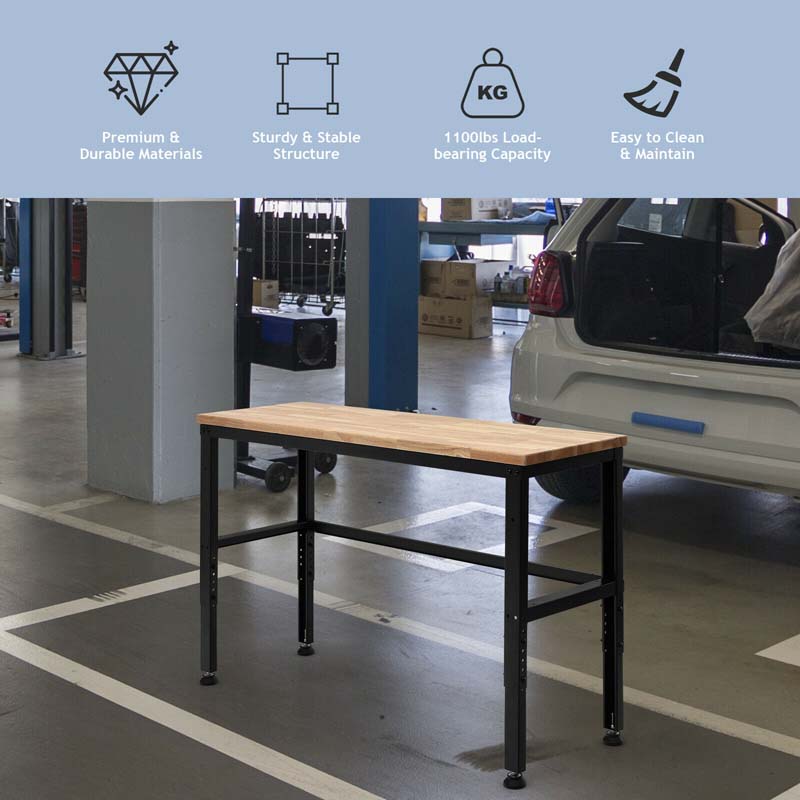 53" Oak Wood Workbench with 3-level Adjustable Heights, Heavy-Duty Steel Work Table Hardwood Workstation