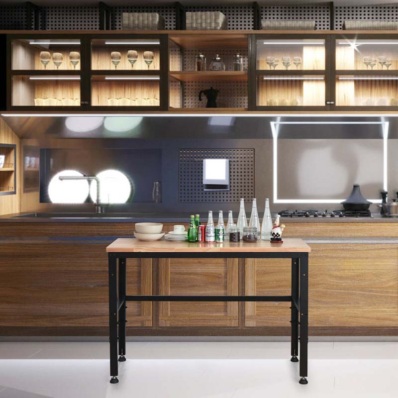 53" Oak Wood Workbench with 3-level Adjustable Heights, Heavy-Duty Steel Work Table Hardwood Workstation