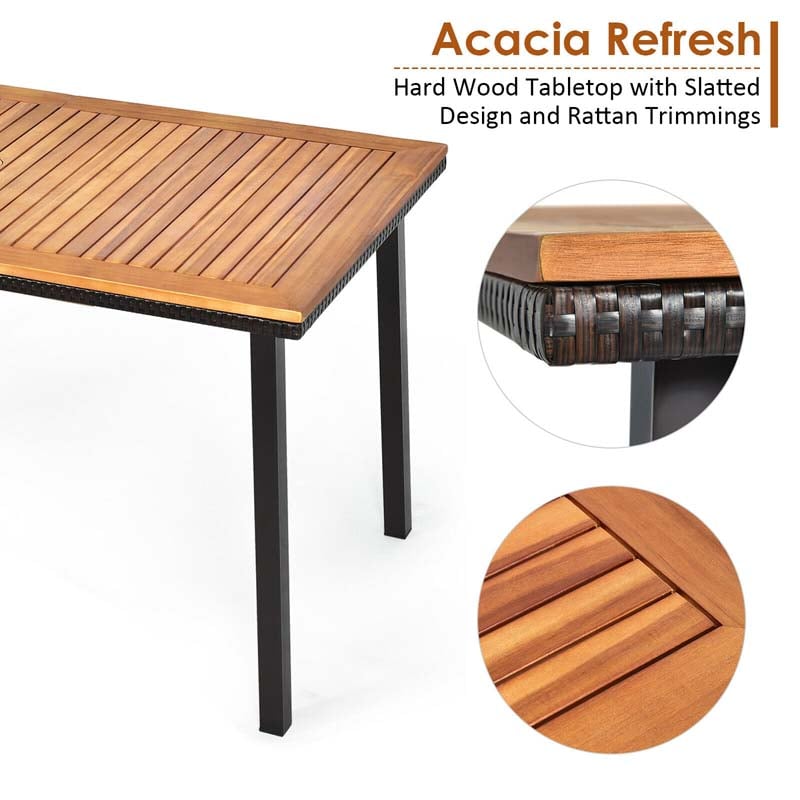55" Acacia Wood Rattan Outdoor Patio Dining Table with Umbrella Hole