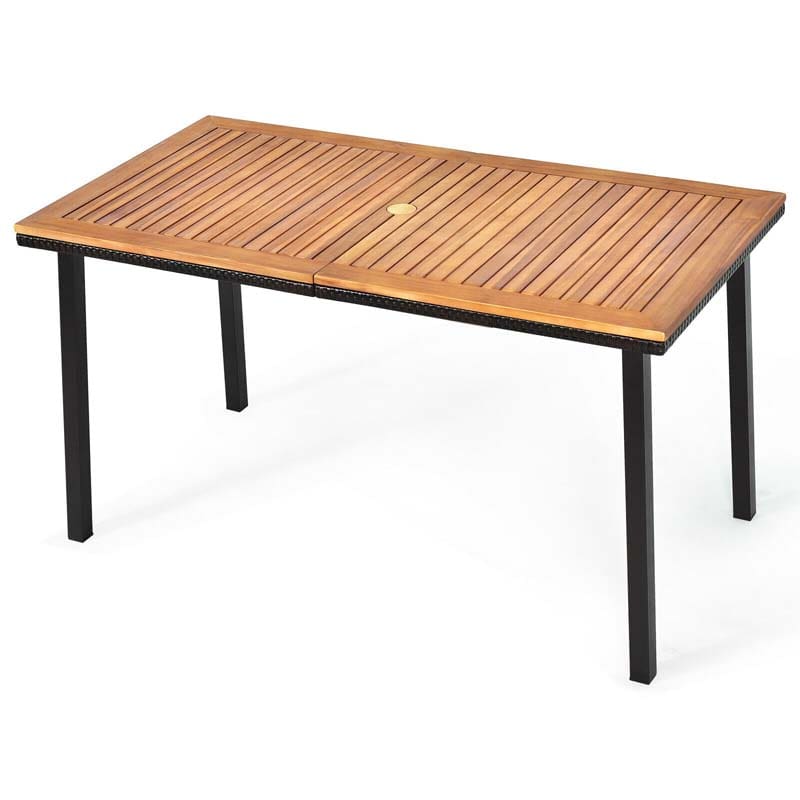 55" Acacia Wood Rattan Outdoor Patio Dining Table with Umbrella Hole