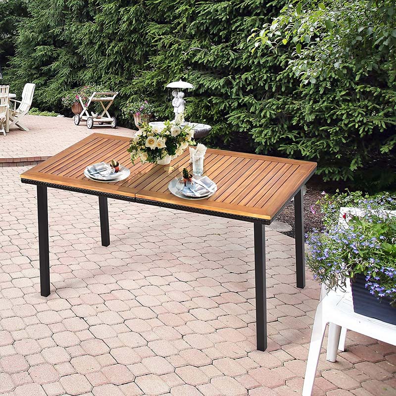 55" Acacia Wood Rattan Outdoor Patio Dining Table with Umbrella Hole