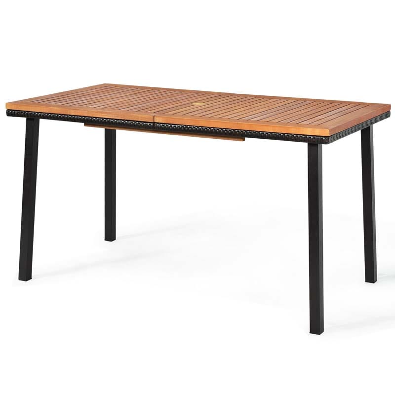 55" Acacia Wood Rattan Outdoor Patio Dining Table with Umbrella Hole