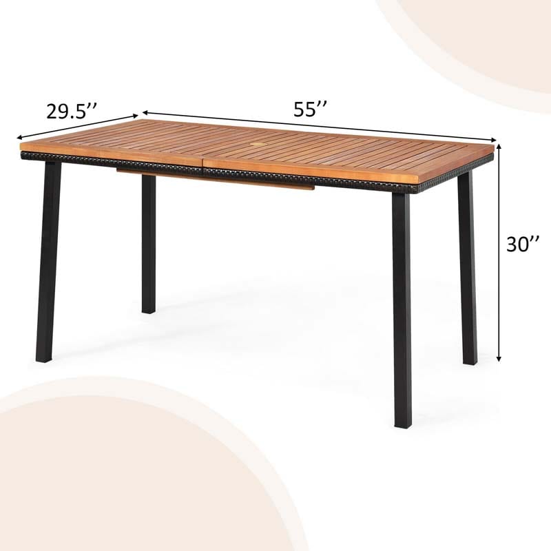 55" Acacia Wood Rattan Outdoor Patio Dining Table with Umbrella Hole