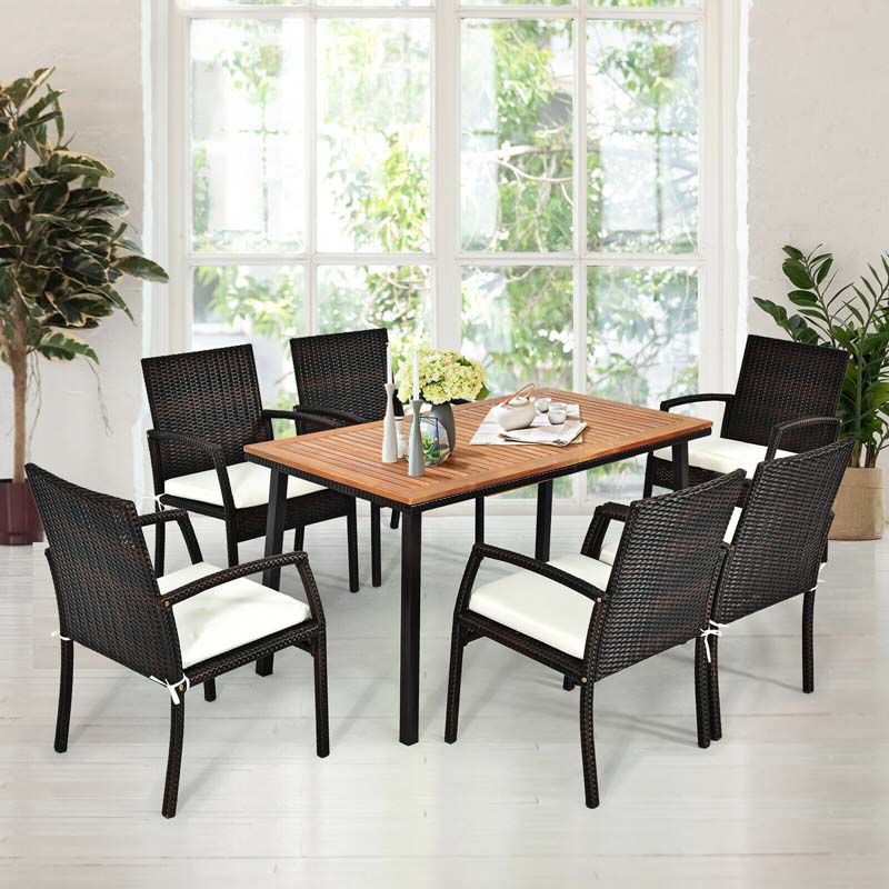55" Acacia Wood Rattan Outdoor Patio Dining Table with Umbrella Hole