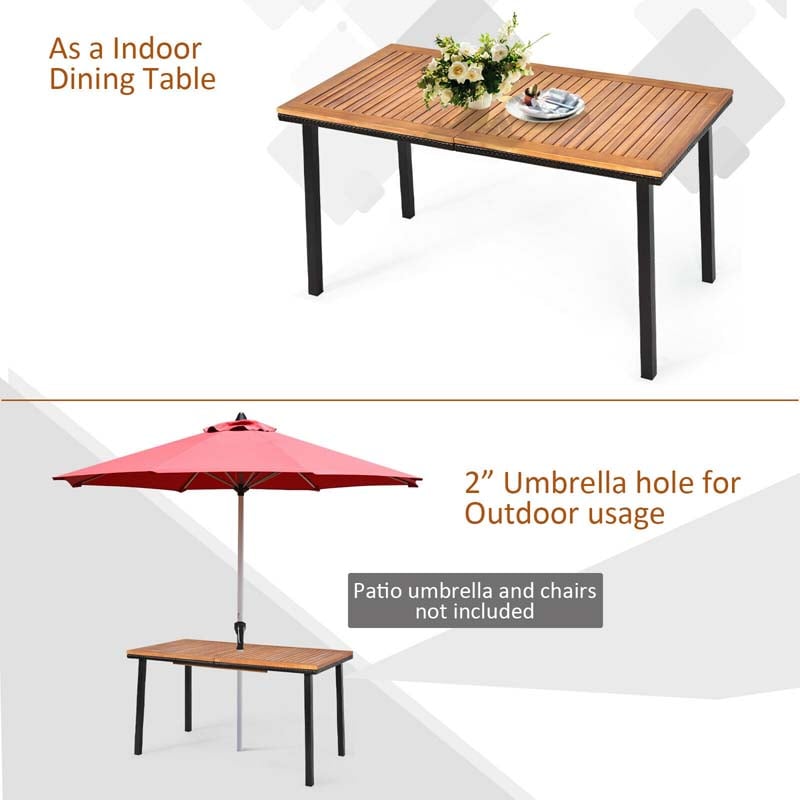 55" Acacia Wood Rattan Outdoor Patio Dining Table with Umbrella Hole