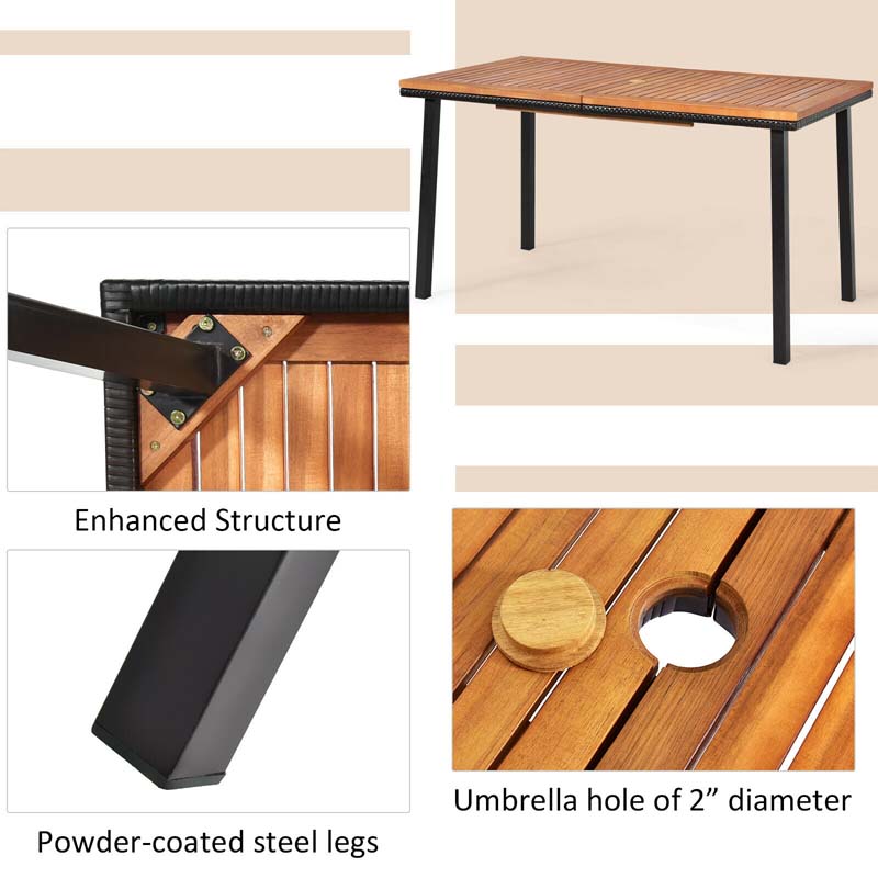 55" Acacia Wood Rattan Outdoor Patio Dining Table with Umbrella Hole