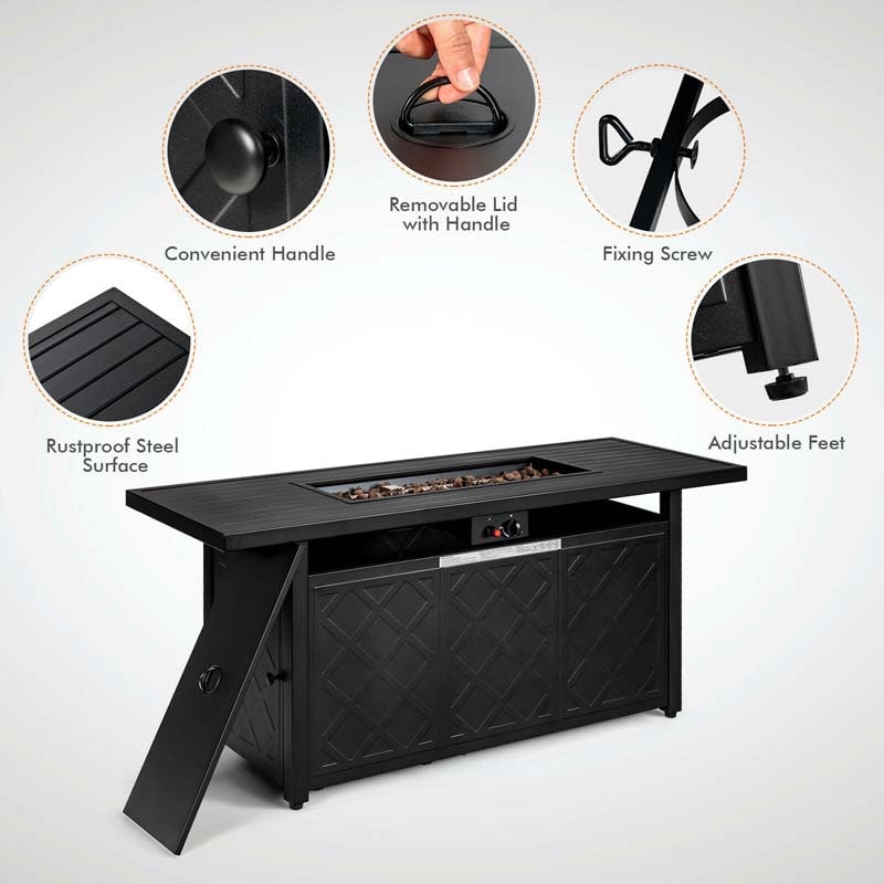 57" Rectangular Propane Fire Pit Table, 50000 BTU Outdoor Gas Fire Table with Lid & Lava Rocks