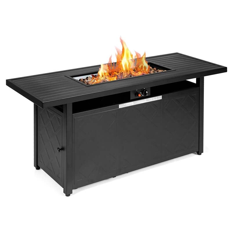 57" Rectangular Propane Fire Pit Table, 50000 BTU Outdoor Gas Fire Table with Lid & Lava Rocks