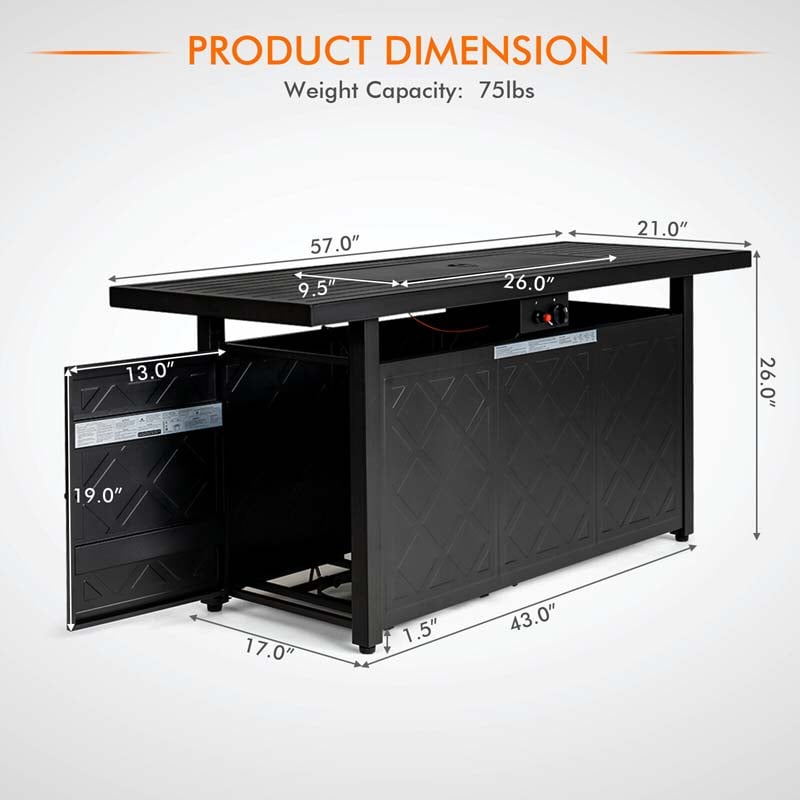 57" Rectangular Propane Fire Pit Table, 50000 BTU Outdoor Gas Fire Table with Lid & Lava Rocks