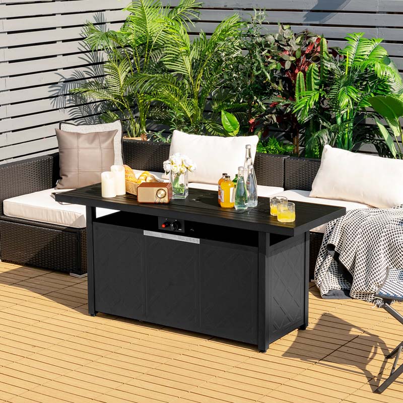 57" Rectangular Propane Fire Pit Table, 50000 BTU Outdoor Gas Fire Table with Lid & Lava Rocks