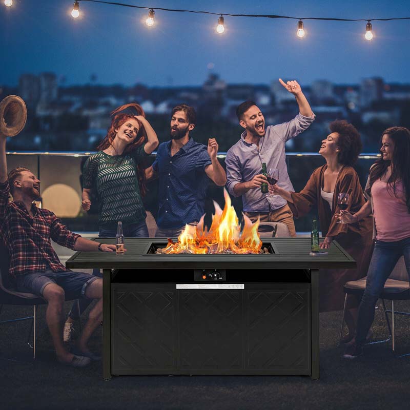 57" Rectangular Propane Fire Pit Table, 50000 BTU Outdoor Gas Fire Table with Lid & Lava Rocks