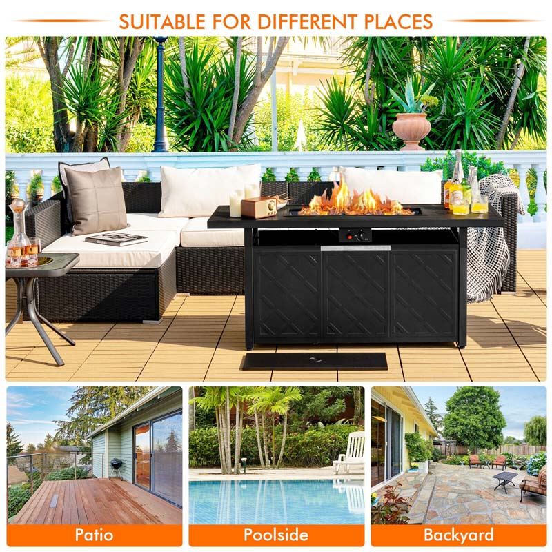 57" Rectangular Propane Fire Pit Table, 50000 BTU Outdoor Gas Fire Table with Lid & Lava Rocks
