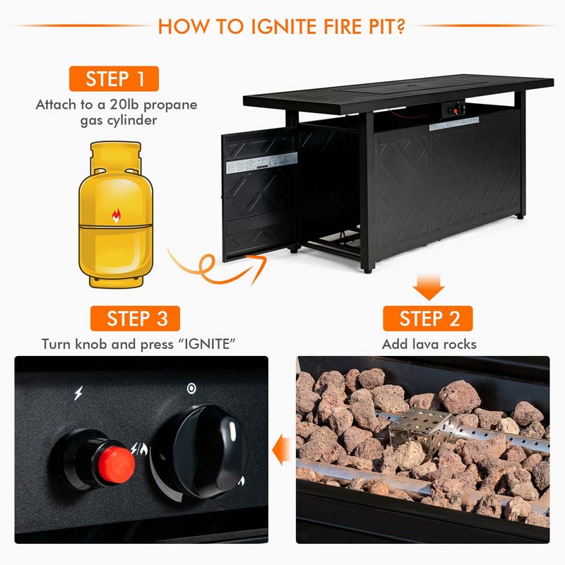 57" Rectangular Propane Fire Pit Table, 50000 BTU Outdoor Gas Fire Table with Lid & Lava Rocks