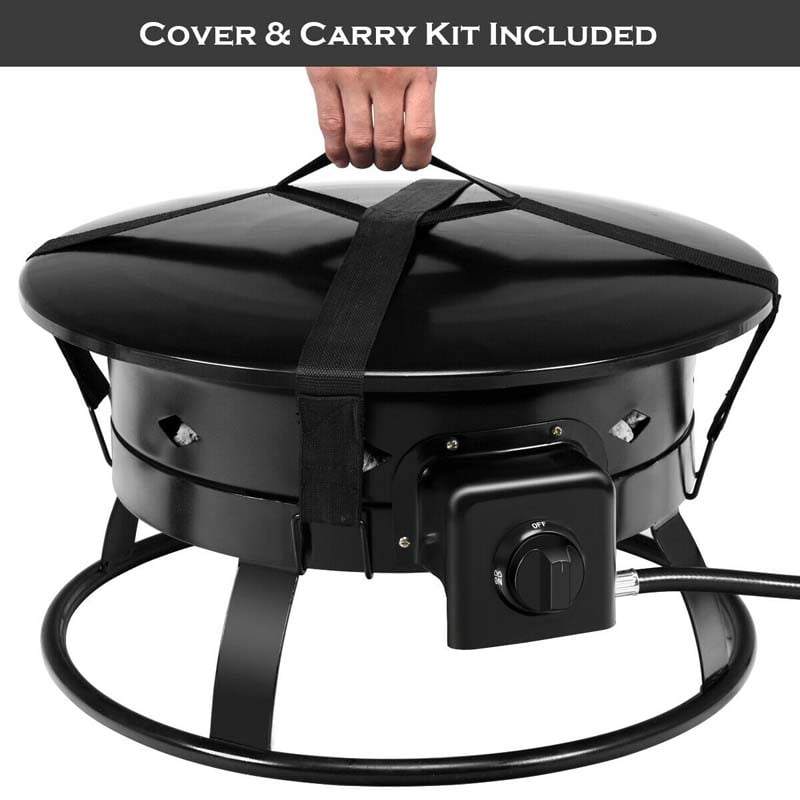 19" 58000BTU Firebowl Outdoor Portable Propane Gas Fire Pit with Cover & Carry Kit, Lava Rock Stone