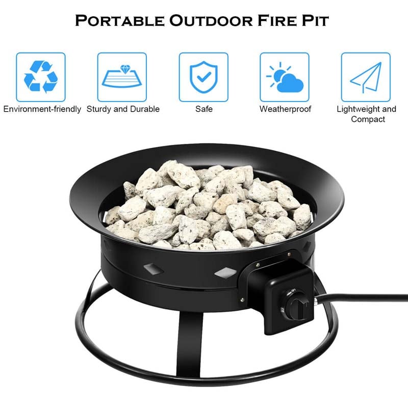 19" 58000BTU Firebowl Outdoor Portable Propane Gas Fire Pit with Cover & Carry Kit, Lava Rock Stone