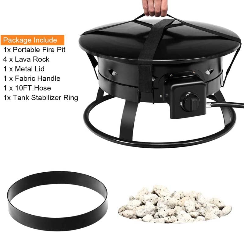 19" 58000BTU Firebowl Outdoor Portable Propane Gas Fire Pit with Cover & Carry Kit, Lava Rock Stone
