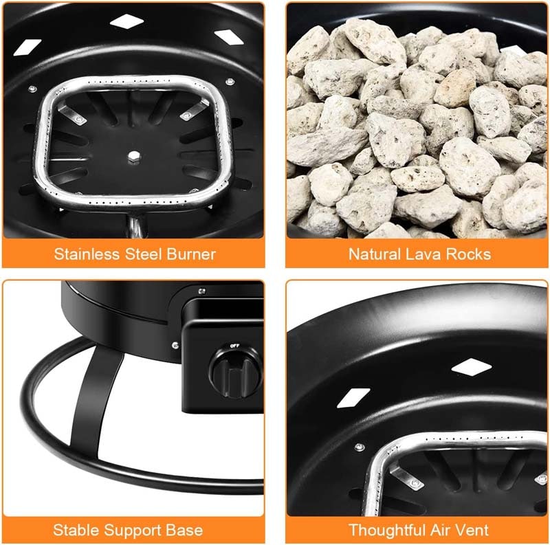 19" 58000BTU Firebowl Outdoor Portable Propane Gas Fire Pit with Cover & Carry Kit, Lava Rock Stone